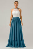 Peacock Halter Boho Chiffon Keyhole Long Bridesmaid Dress with Lace