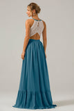 Peacock Halter Boho Chiffon Keyhole Long Bridesmaid Dress with Lace