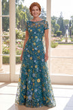 A-Line Green Tulle Bateau Neck Embroidered Mother Of the Bride Dress