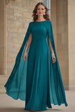 Navy Mermaid Chiffon Long Mother of the Bride Dress with Cape