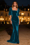 Navy Mermaid Square Neck Puff Sleeves Velvet Long Formal Dress