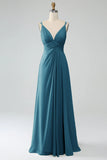 A-Line Peacock Spaghetti Straps Pleated Chiffon Long Bridesmaid Dress