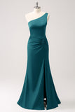 Dusty Blue One Shoulder Mermaid Satin Long Bridesmaid Dress