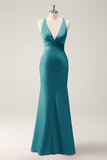 Dusty Sage Mermaid V Neck Satin Long Bridesmaid Dress