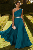 One Shoulder Olive A Line Chiffon Maxi Dress