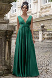 A-Line Eucalyptus V Neck Chiffon Long Bridesmaid Dress with Lace Up Back