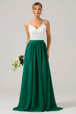 Open Back Peacock A-line Chiffon Long Boho Bridesmaid Dress with Lace