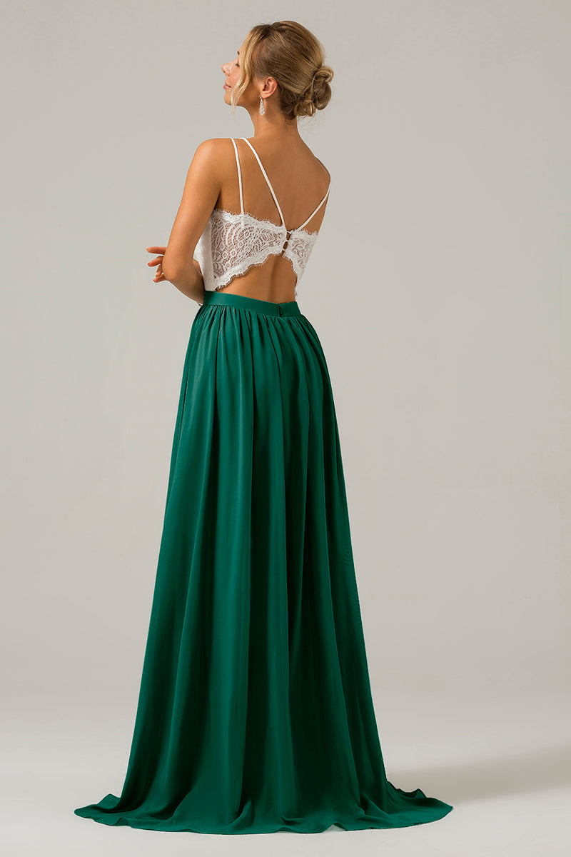 Load image into Gallery viewer, Open Back Peacock A-line Chiffon Long Boho Bridesmaid Dress with Lace