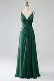 Pine A-Line Spaghetti Straps Pleated Chiffon Long Bridesmaid Dress