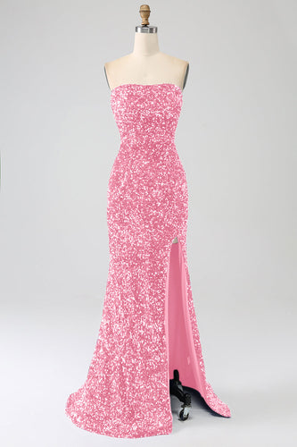 Pink Mermaid Strapless Sequins Long Formal Dress With Slit
