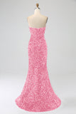 Pink Mermaid Strapless Sequins Long Formal Dress With Slit