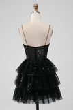 Sparkly Black Spaghetti Straps Tiered Cocktail Dress with Sequins