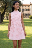 Hot Pink High Neck A-Line Short Formal Dress with 3D Flowers