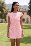 Yellow Round Neck Bodycon Short Formal Dress with 3D Flowers