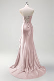 Sparkly Grey Blue Mermaid Strapless Ruffle Corset Satin Long Formal Dress with Slit