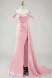 Mermaid Off the Shoulder Beaded Ruched Satin Golden Long Formal Dress with Slit