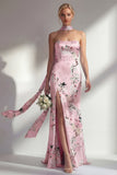 Mermaid Pink Strapless Floral Printed Long Bridesmaid Dress with Slit
