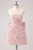 Dark Green A Line Floral Strapless Short Cocktail Dress with Bow