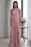 Glitter Pleated A Line Golden Long One Shoulder Formal Dress with Slit