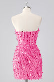 Sparkly Fuchsia Strapless Tight Short Sequins Corset Homecoming Dress with Beading