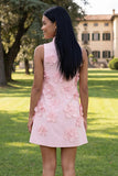Hot Pink High Neck A-Line Short Formal Dress with 3D Flowers