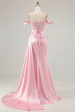 Mermaid Off the Shoulder Beaded Ruched Satin Golden Long Formal Dress with Slit