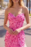 Sparkly Fuchsia Strapless Tight Short Sequins Corset Homecoming Dress with Beading