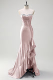 Sparkly Grey Blue Mermaid Strapless Ruffle Corset Satin Long Formal Dress with Slit