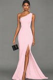 Black Satin Mermaid One Shoulder Long Formal Dress with Slit