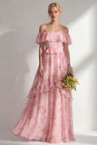 A-Line Yellow Pink Flower Off the Shoulder Chiffon Long Bridesmaid Dress with Ruffles