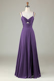 Keyhole Spaghetti Straps Plum Bridesmaid Dress with Slit