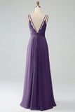 A-Line Rust Spaghetti Straps Pleated Chiffon Long Bridesmaid Dress