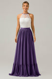 Halter Rust Chiffon Keyhole Boho Long Bridesmaid Dress with Lace