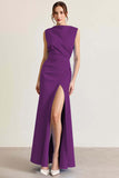 Sky Blue Satin Boat Neck Long Sheath Formal Dress with Slit
