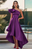 Burgundy Satin One Shoulder High-Low Ruffled A Line Formal Dress