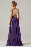 Halter Rust Chiffon Keyhole Boho Long Bridesmaid Dress with Lace