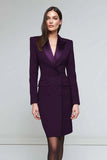 Satin Black Peak Lapel Midi Work Dress with Sleeves
