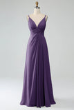 Pine A-Line Spaghetti Straps Pleated Chiffon Long Bridesmaid Dress