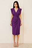 Black Satin Midi V Neck Ruched Bodycon Formal Dress