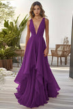 Orange Ruffled A Line Chiffon V Neck Long Wedding Guest Dress