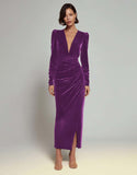 Olive Sheath V-Neck Ruched Velvet Long Formal Dress with slit