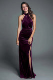 Halter Burgundy Velvet Sheath Ruched Formal Dress with Slit