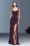 Burgundy Sheath Velvet Ruched Long Formal Dress with Slit