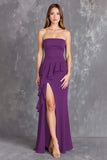 Black Chiffon Strapless Ruffled Long Formal Dress with Slit