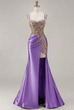 Sparkly Dark Green Satin Mermaid Beaded Sequin Long Formal Dress with Slit