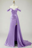 Mermaid Off the Shoulder Beaded Ruched Satin Golden Long Formal Dress with Slit