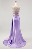 Sparkly Champagne Mermaid Corset Beaded Side Streamer Long Formal Dress with Slit