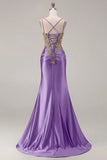 Sparkly Dark Green Satin Mermaid Beaded Sequin Long Formal Dress with Slit
