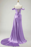 Mermaid Off the Shoulder Beaded Ruched Satin Golden Long Formal Dress with Slit