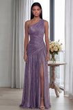 Glitter Pleated A Line Golden Long One Shoulder Formal Dress with Slit